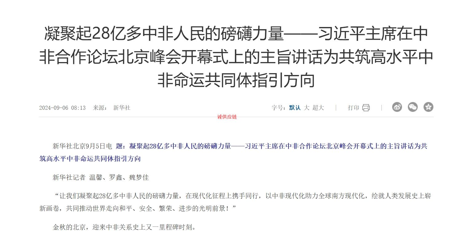 凝聚起28亿多中非人民的磅礴力量——习近平主席在中非合作论坛北京峰会开幕式上的主旨讲话为共筑高水平中非命运共同体指引方向